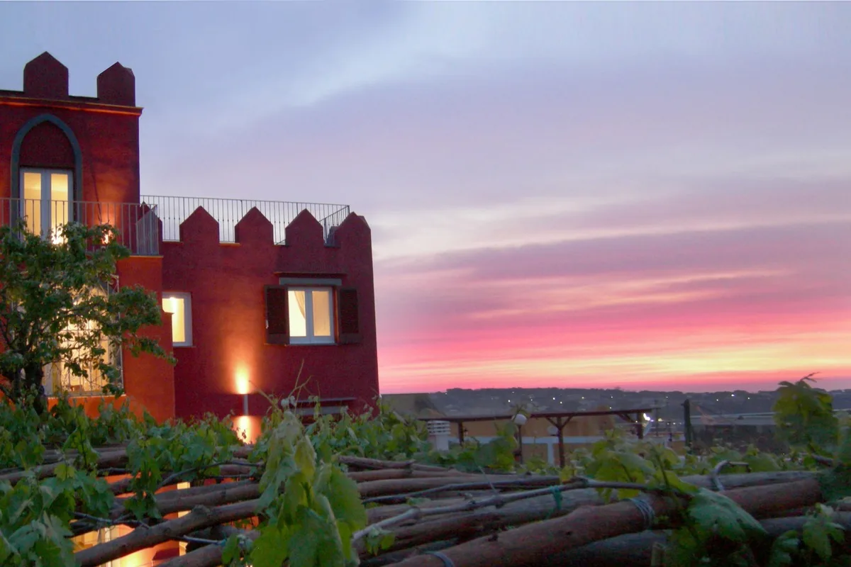 The red building of the Albergo La Vigna at sunset, with the vineyard in the foreground