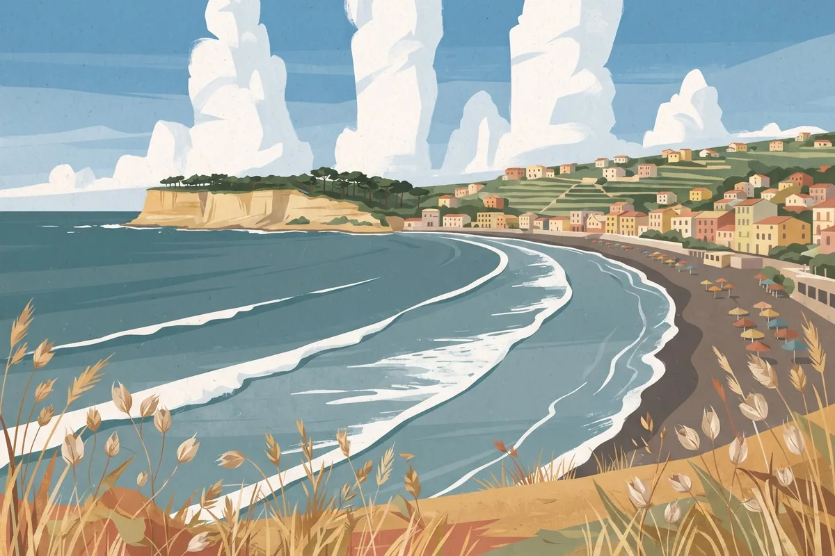 Illustration of the bay of the Chiaiolella seen from above: the beach with its parasols, the town on the slope and the tuff headland