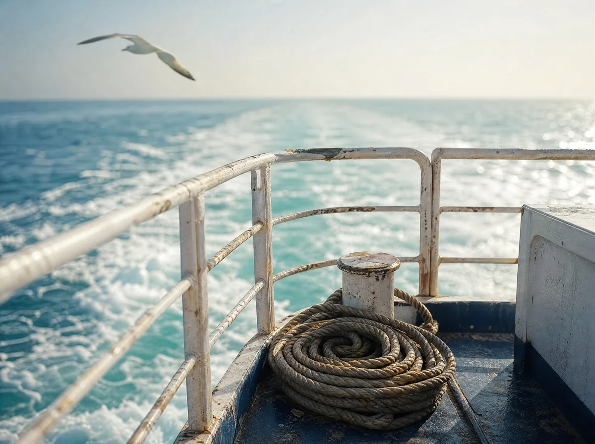 The stern deck of a ferry under way, a coiled rope on the deck and the white wake behind