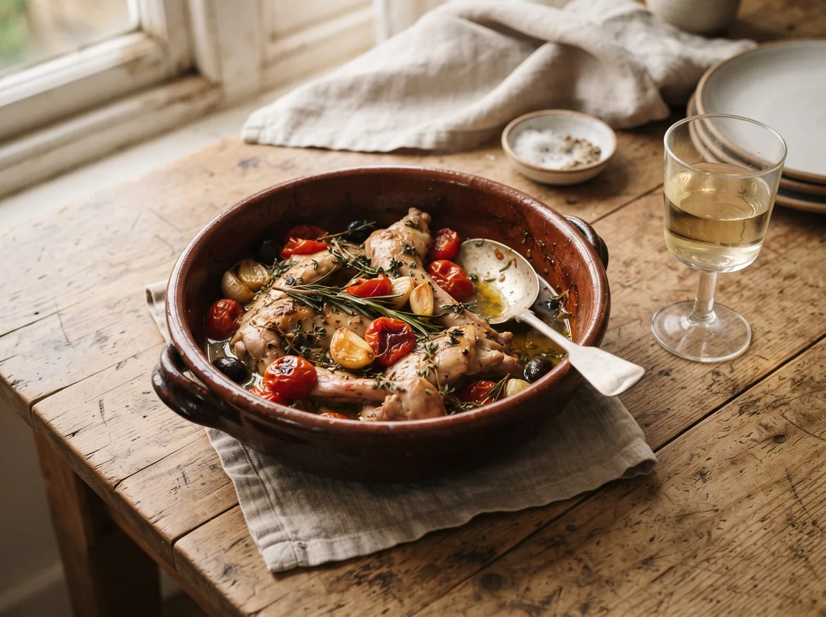 A terracotta pot with rabbit, cherry tomatoes and rosemary