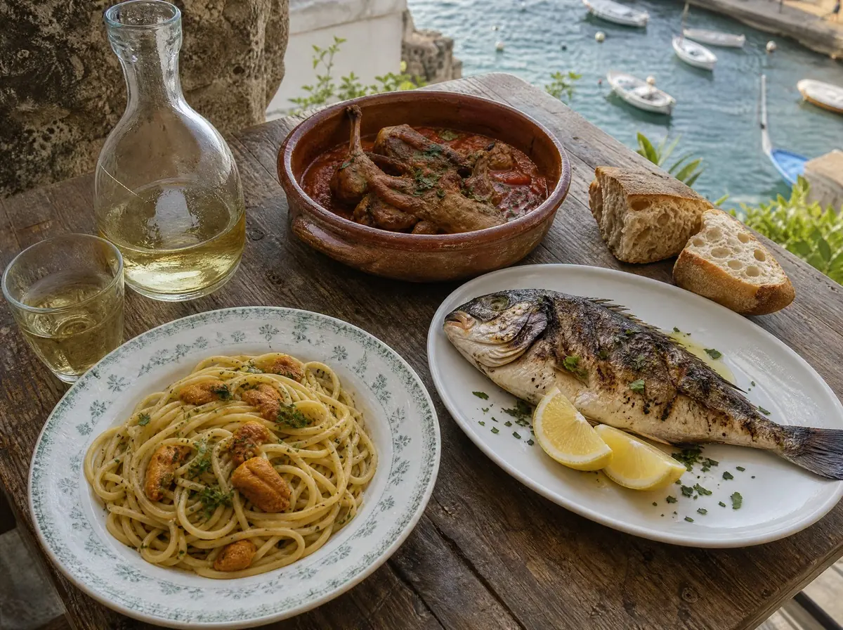 A table laid on a terrace above the harbour: spaghetti with sea urchin, a grilled fish, an earthenware dish of rabbit and a carafe of white wine