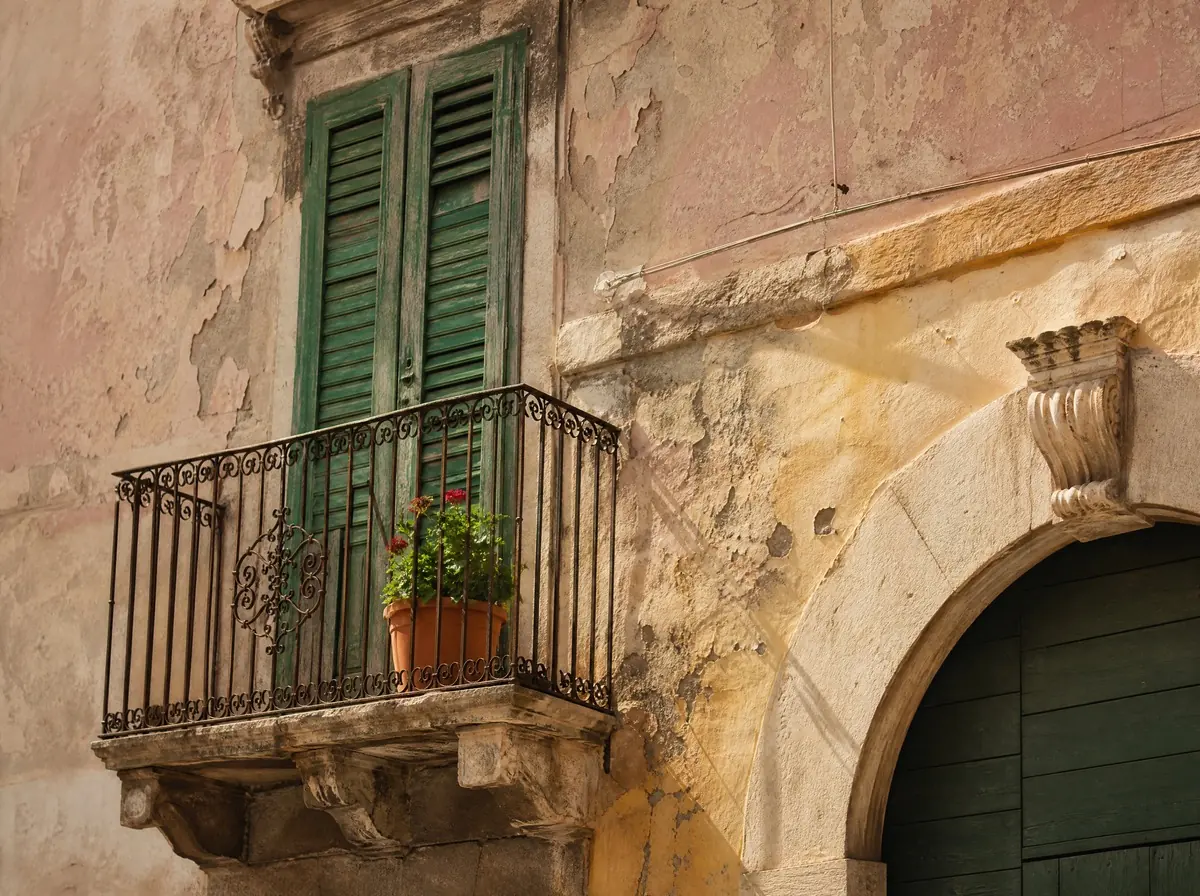 The facade of an island house: peeling pink plaster, green shutters and a small iron balcony