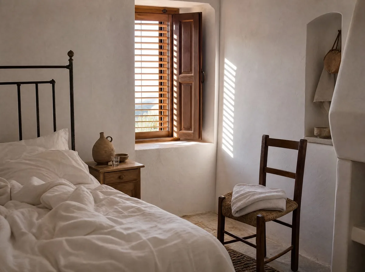 A whitewashed room with an iron bedstead and a half-open shutter filtering the morning light