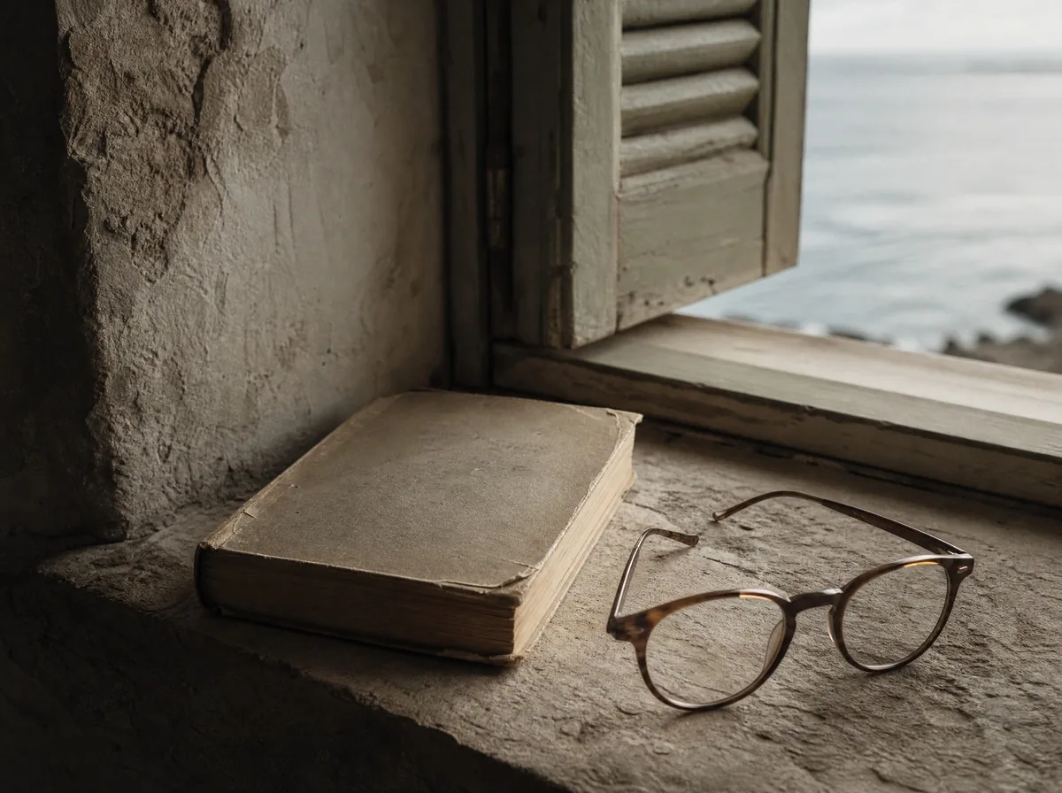 An old paperback lying face down on a stone windowsill beside a pair of reading glasses