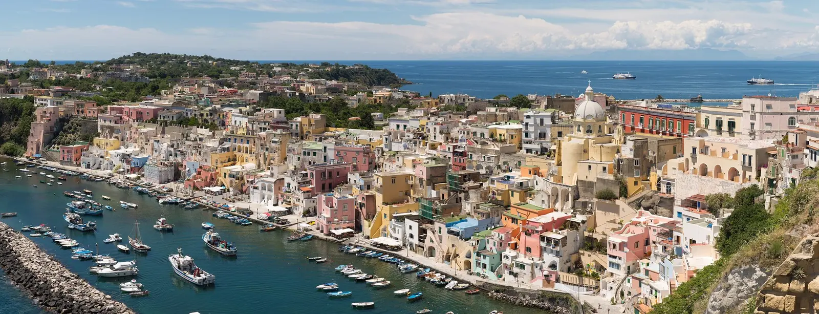 The coloured houses of Marina Corricella seen from the quay, Procida