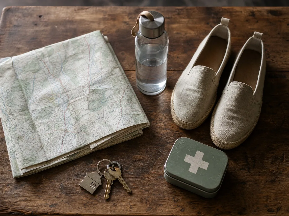 A folded map, a bunch of keys, a water bottle, a pair of espadrilles and a first-aid tin on a wooden table