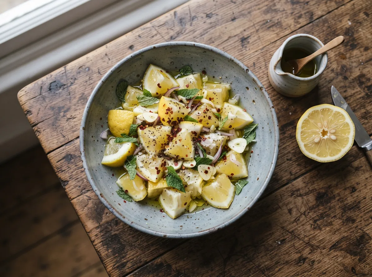 A plate of Procidan insalata di limoni with mint and onion