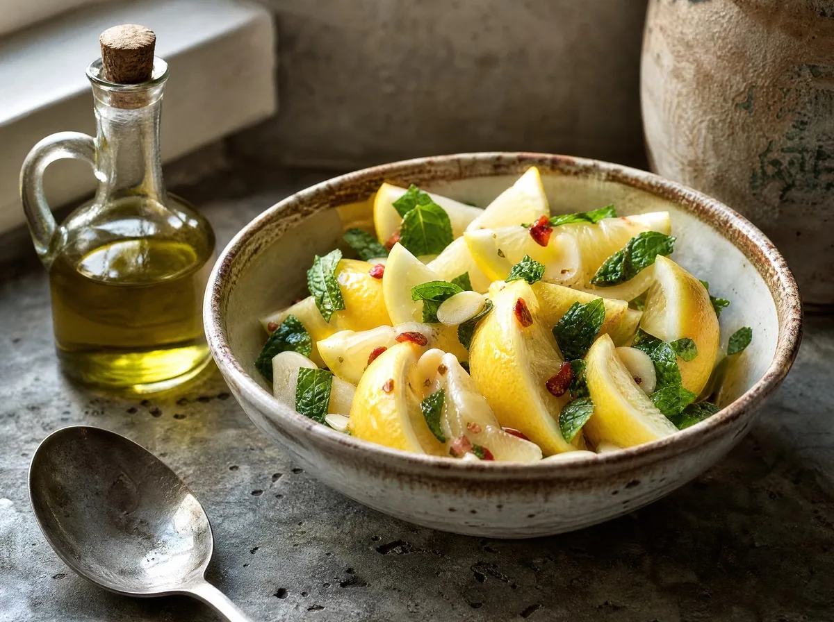Lemon salad in a ceramic bowl: wedges with the white pith left on, dressed with oil, mint and chilli