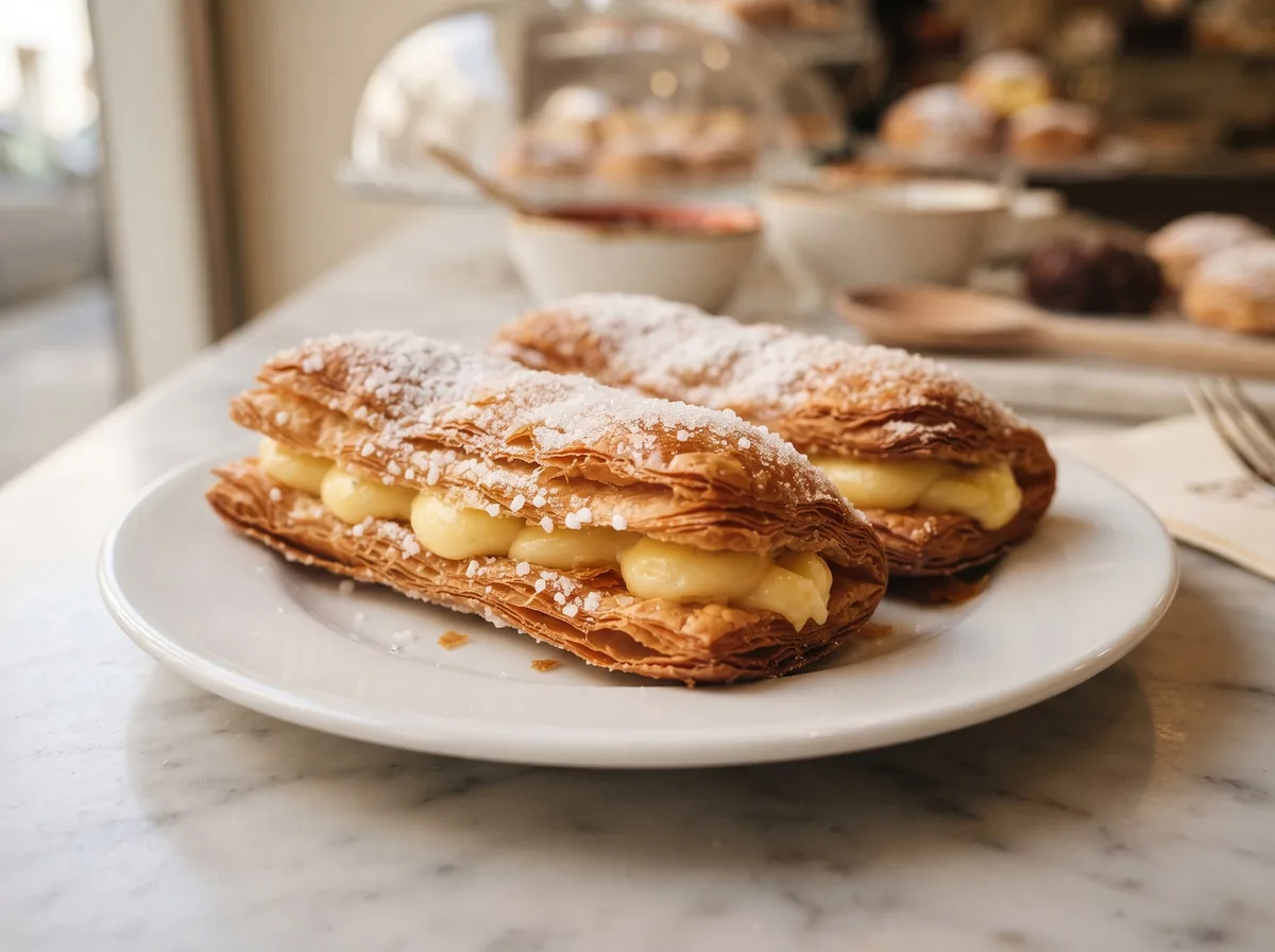 A lingua di Procida filled with lemon cream on a bar plate