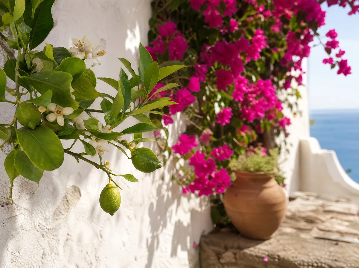 A branch of lemon blossom and magenta bougainvillea against a whitewashed wall