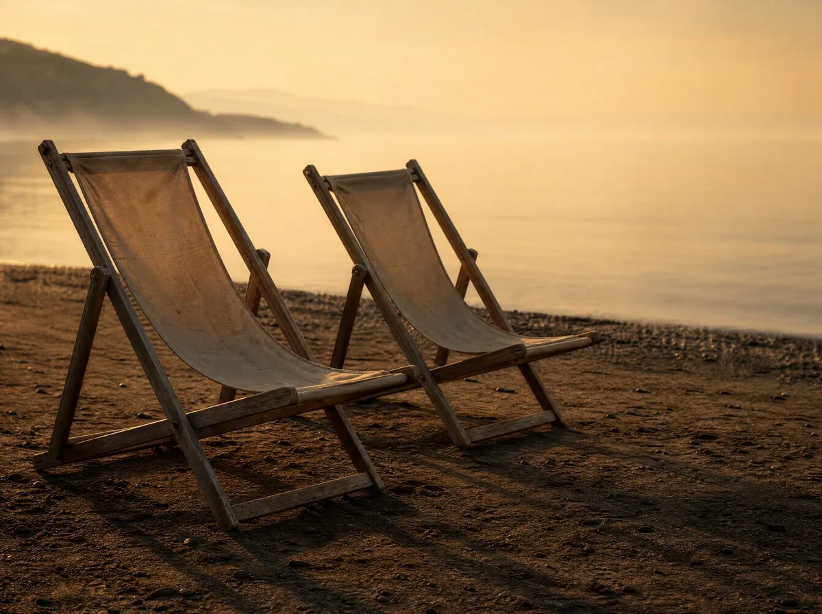 Two empty wooden deckchairs on dark sand at the end of the season, in late-afternoon golden light