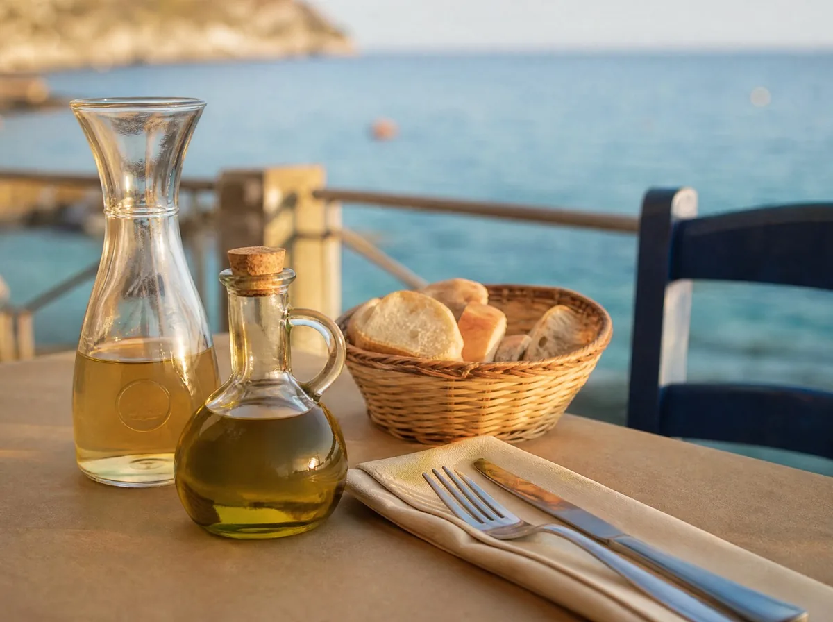 A laid table at a seaside trattoria: a carafe of white wine, an oil cruet, a bread basket and a folded napkin