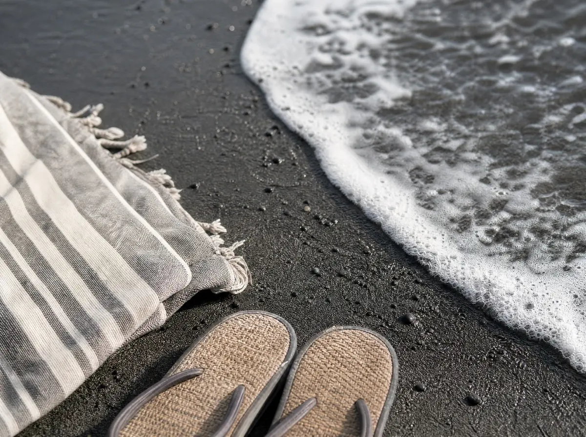Dark volcanic sand at the water's edge, with the corner of a striped towel and a pair of flip-flops