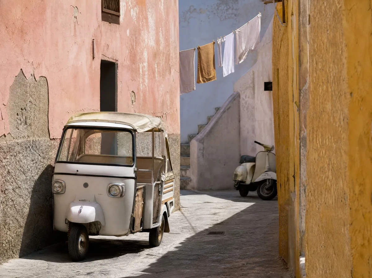 A three-wheeled microtaxi parked in a narrow lane between pastel walls, a scooter further along