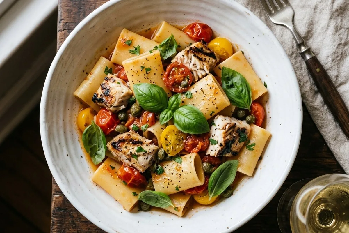 Paccheri with swordfish, one of the house specialities
