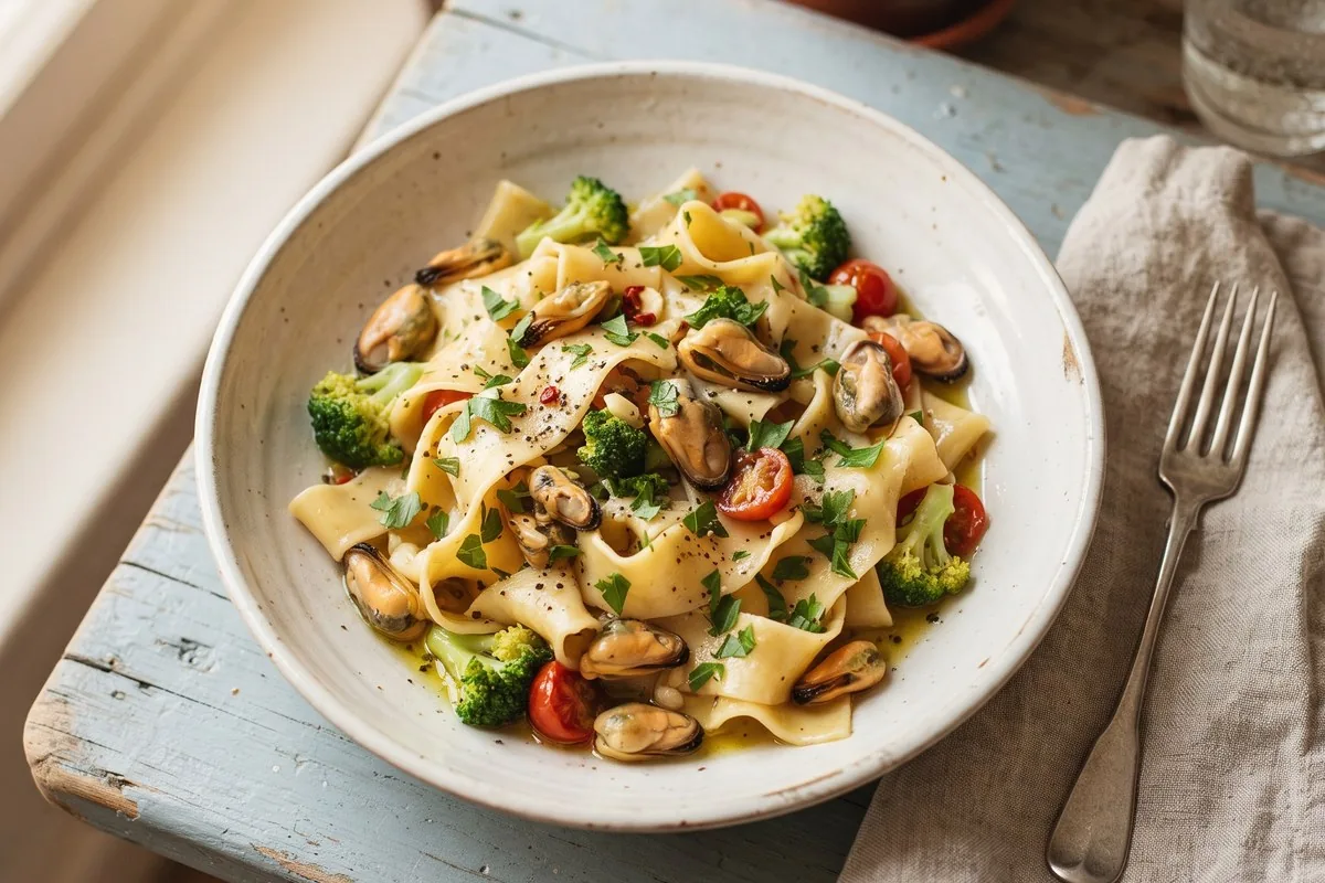 Stracci with mussels and broccoli, one of the house specialities