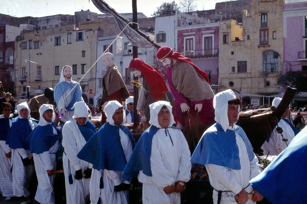 The Misteri lined up in the square at Marina Grande on Good Friday, Procida