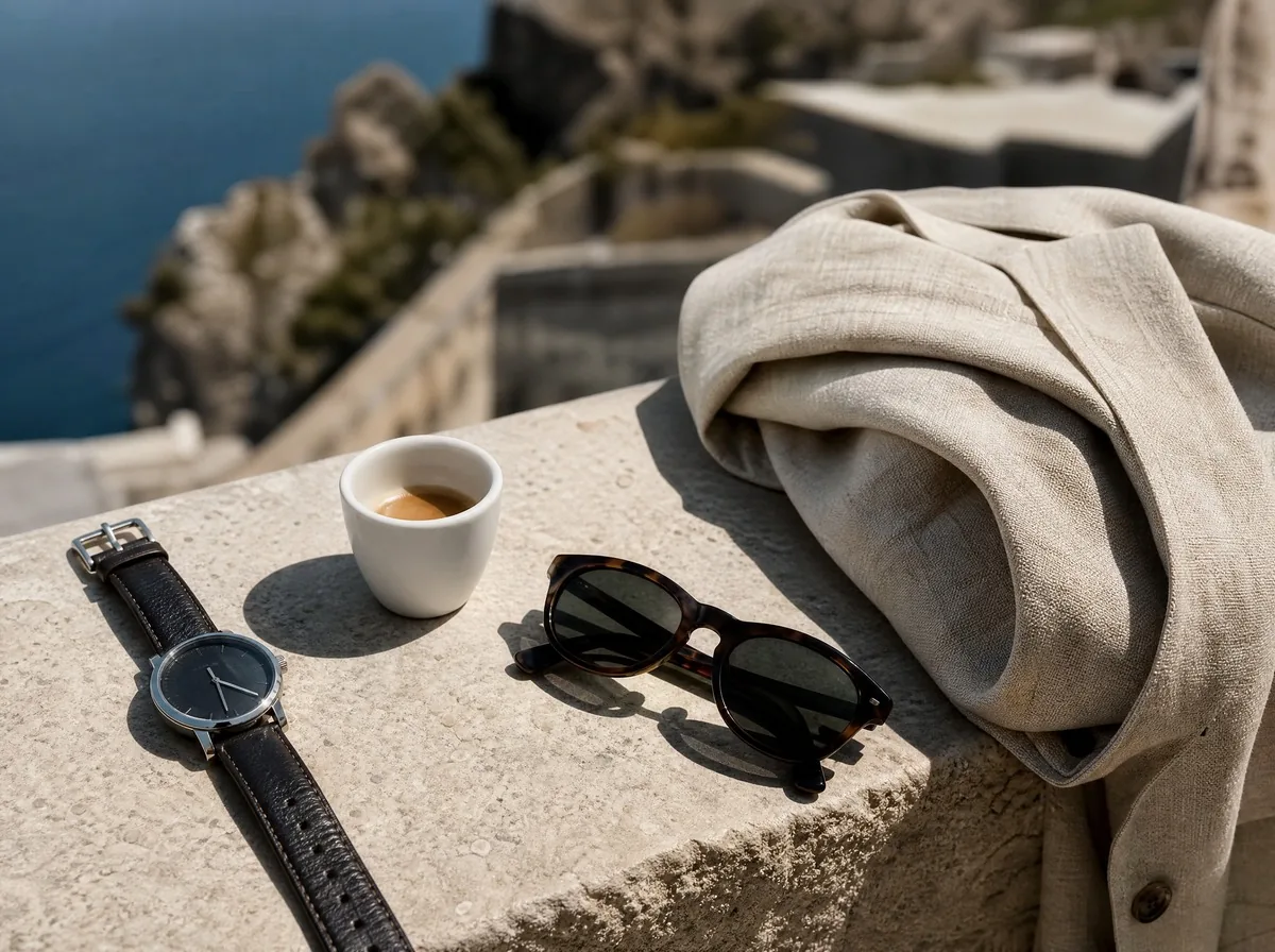 A wristwatch, an espresso cup and a pair of sunglasses on a sunlit stone parapet