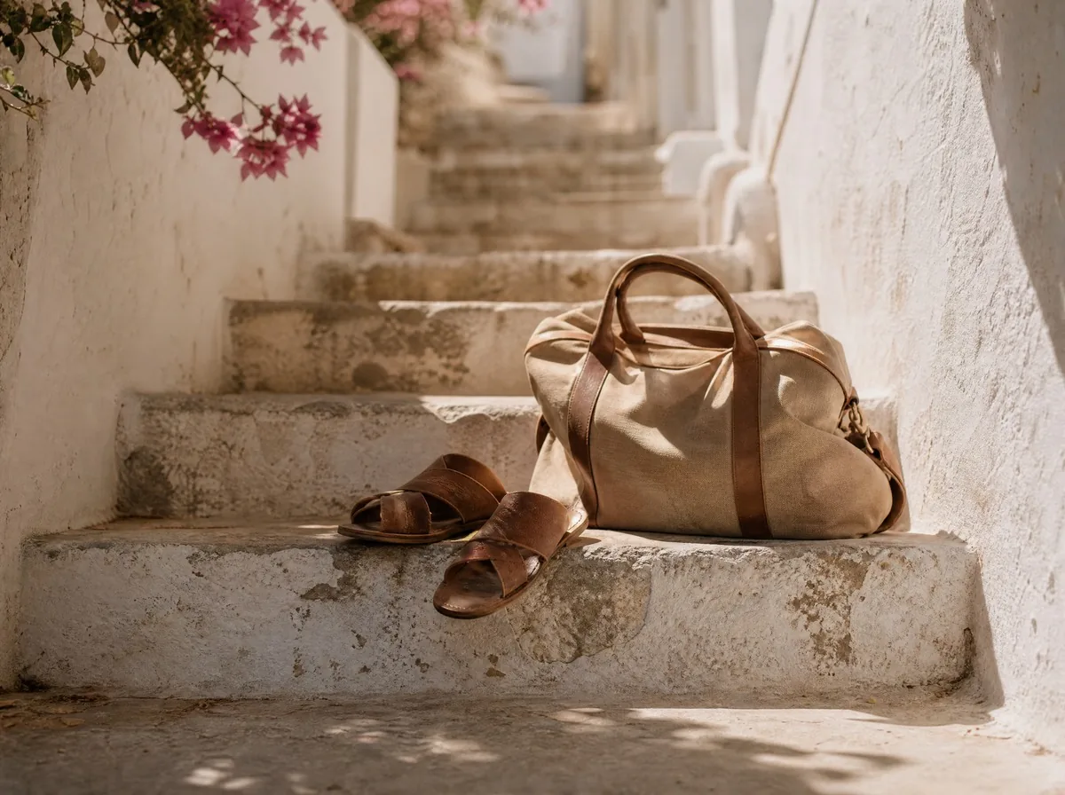 A weekend bag and a pair of sandals set down on the stone steps of a whitewashed staircase