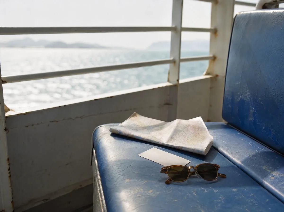 A folded map and a pair of sunglasses on a ferry seat, the sea hazy beyond