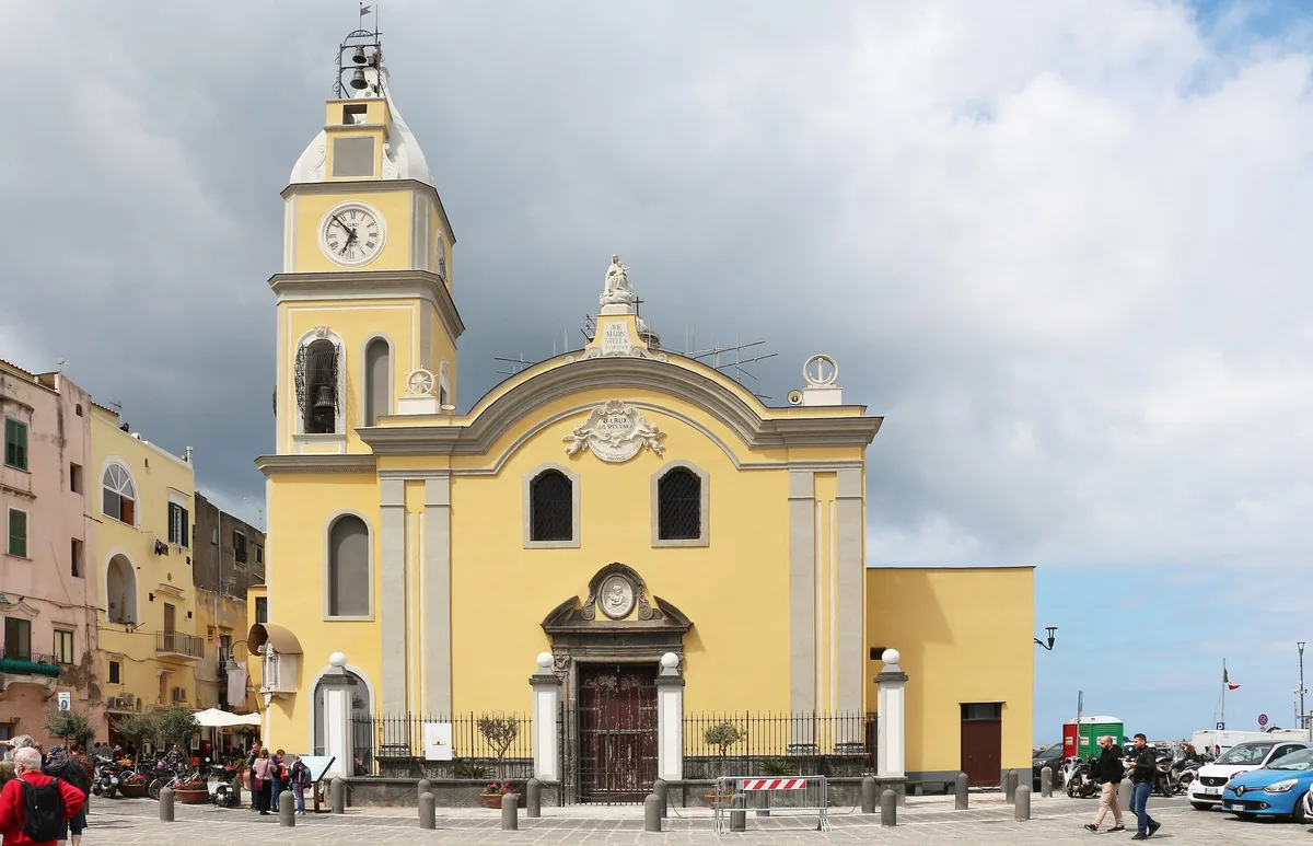 The bell tower of Santa Maria della Piet&agrave; on the harbour square at Procida