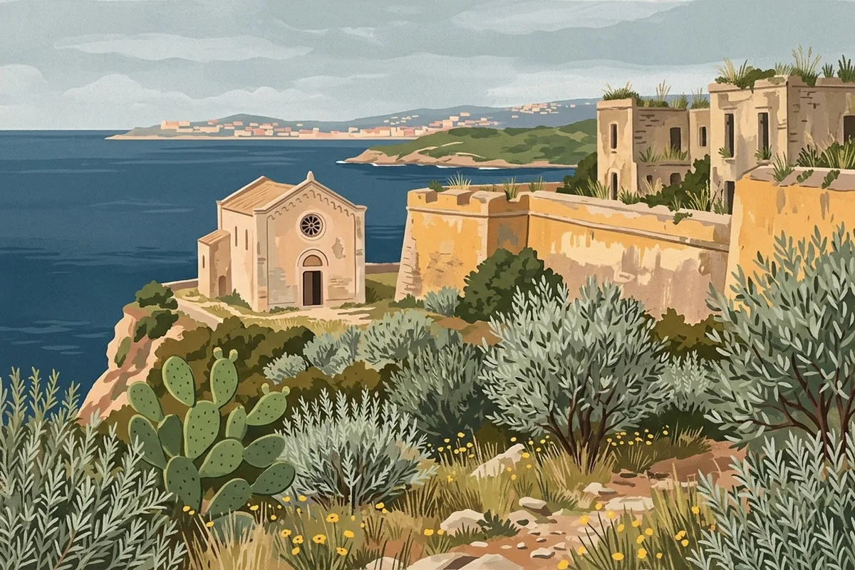 Illustration of the Terra Murata ridge: the church on the edge of the cliff, the walls of the fortified village and the sea towards the mainland