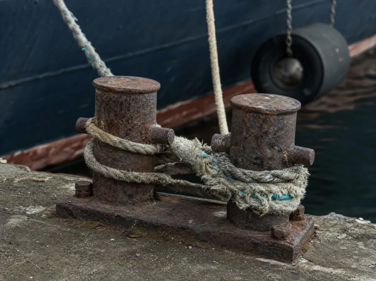 Two rusted bollards on the quay with mooring ropes looped over them, a hull blurred behind