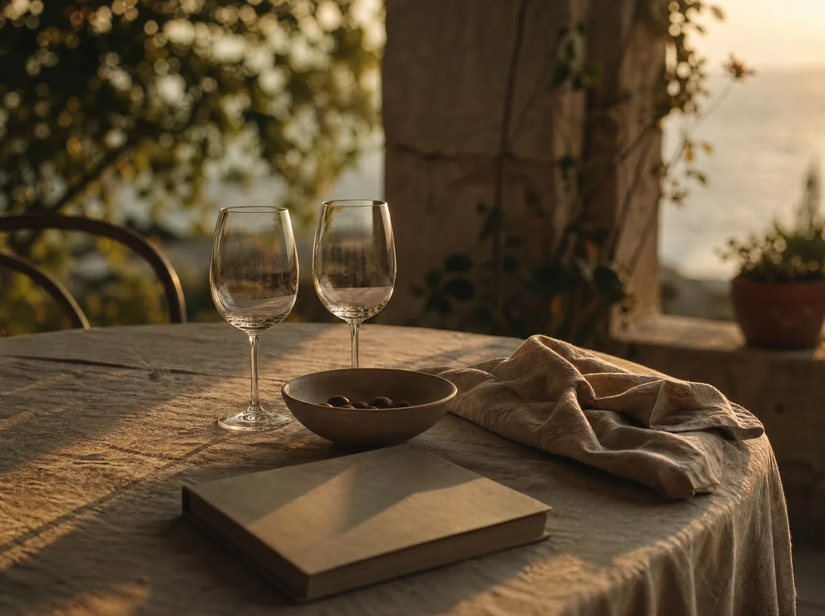 A terrace table at the end of the afternoon: two empty glasses, a linen napkin and a book face down